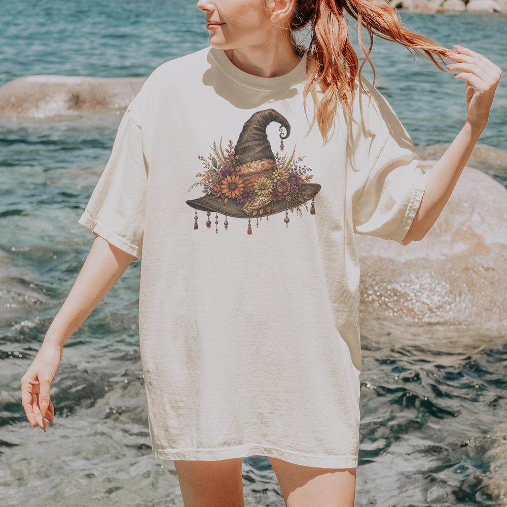 Witchy Autumn Hat Adorned with Botanicals and Beaded Charms Tee